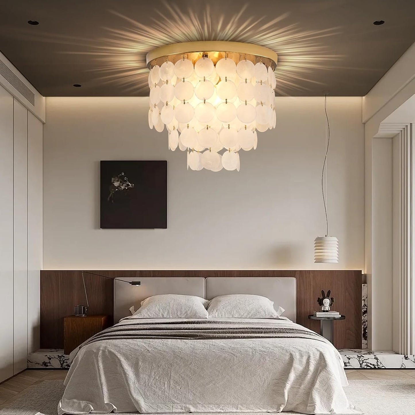 Capiz Shell Chandelier with 3 Tier Shell H12.3'' x D13.8'' Gold Metal Light Fixtures Flush Mount Chandeliers Modern Lighting Fixture for Bedroom Bathroom Office,(More Additional Shell Parts Included)