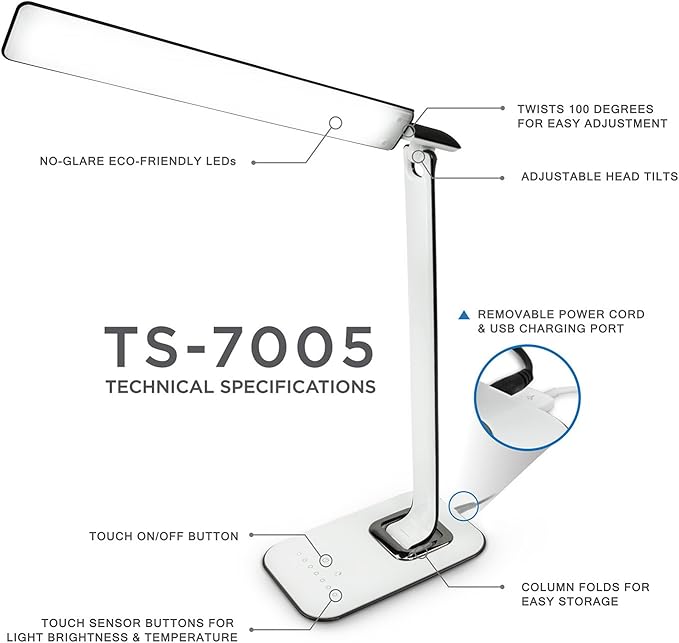 Turcom LED Desk Lamp With USB Charging Port Dimmable Touch Controls w/Color - Image 6