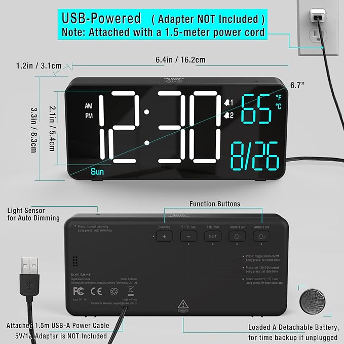 KOSUMOSU Alarm Clocks for Living Room, 6.7in Small Digital Clock for Bedroom - Image 6