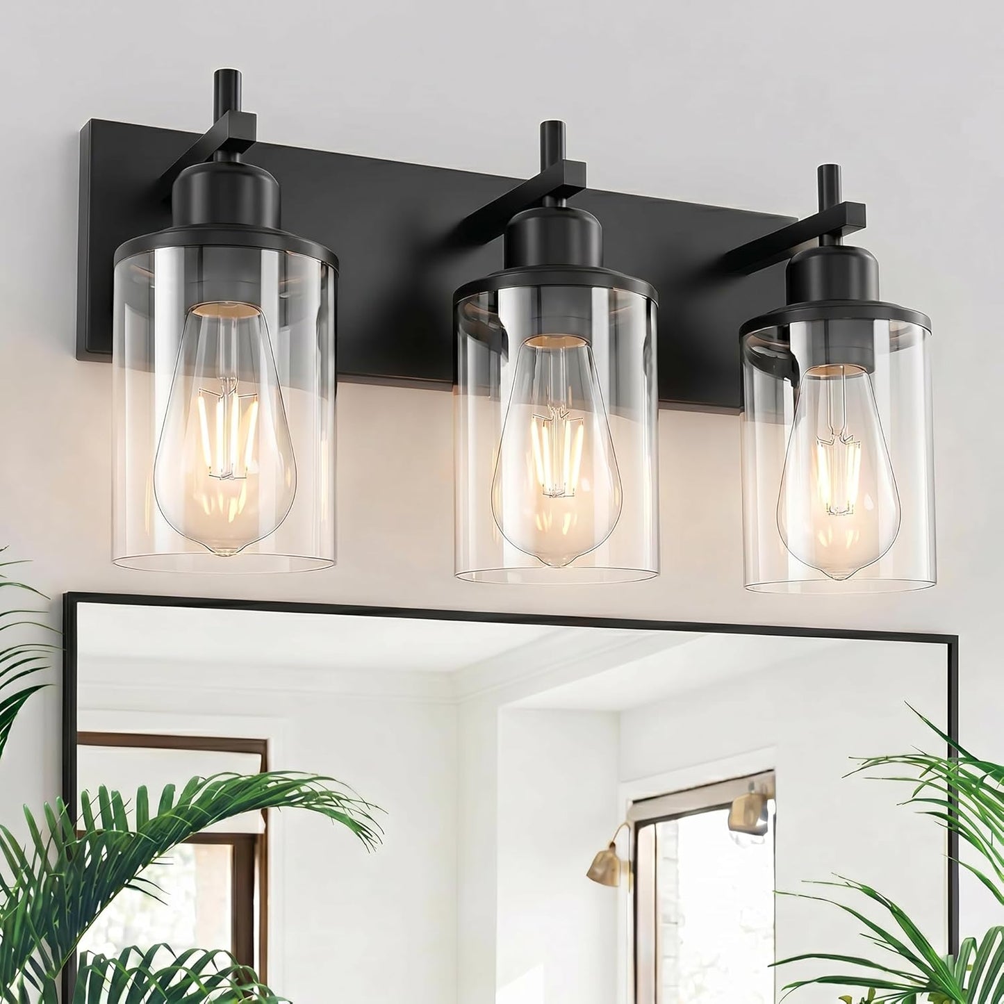 Lanhall 3-Light Black Bathroom Light Fixture Over Mirror Modern Farmhouse Bathroom Vanity Light Vintage Wall Lighting with Clear Glass Shade for Bathroom, Bedroom, Hallway, Cabinet