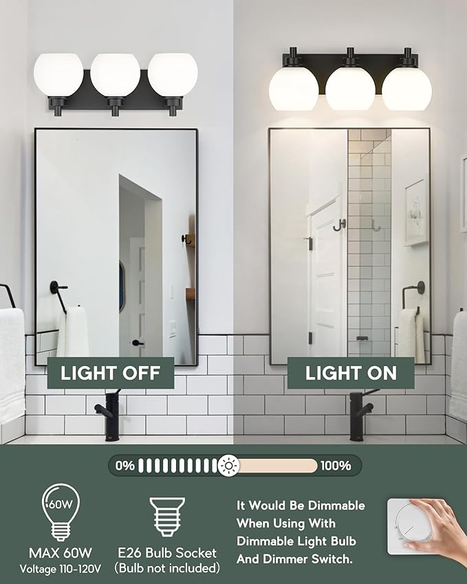 METWET Bathroom Light Fixtures, 3-Light Matte Black Vanity Light, Modern Wall - Image 2
