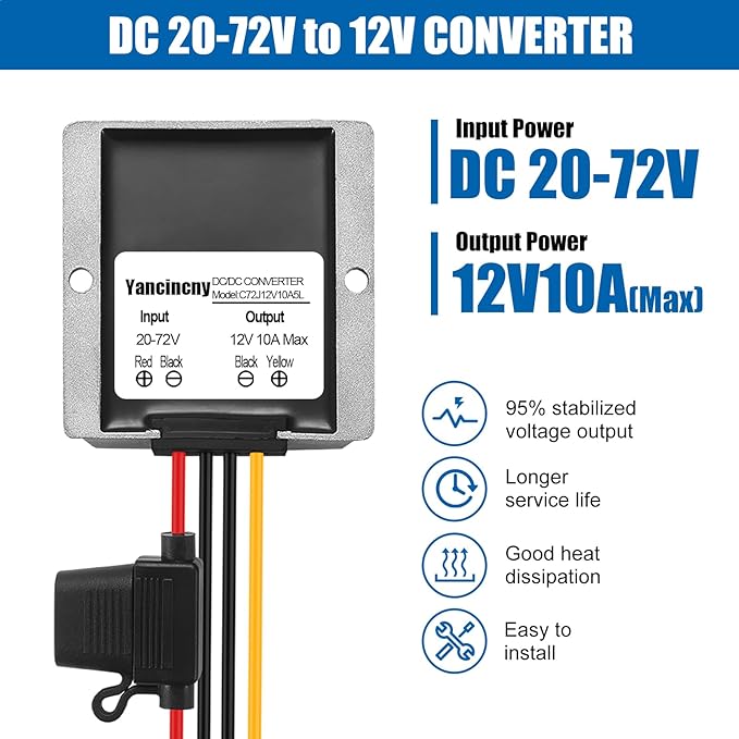 Yancincny 10A 120W 12V Golf Cart 24V 36V 48V 72V to 12V DC Converter Voltage - Image 2
