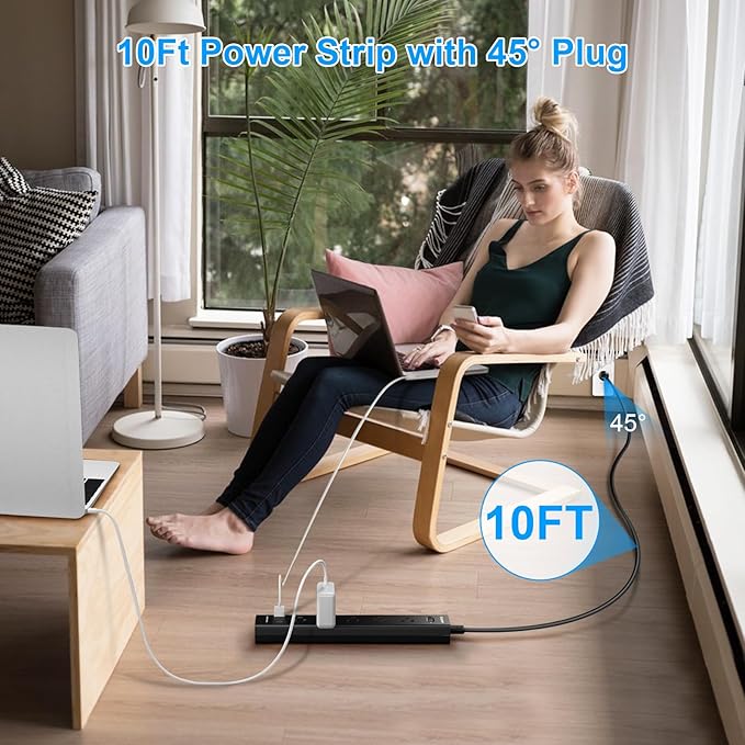 10FT Long Surge Protector Power Strip-with 5 Widely Outlets and 3 USB Ports - Image 6