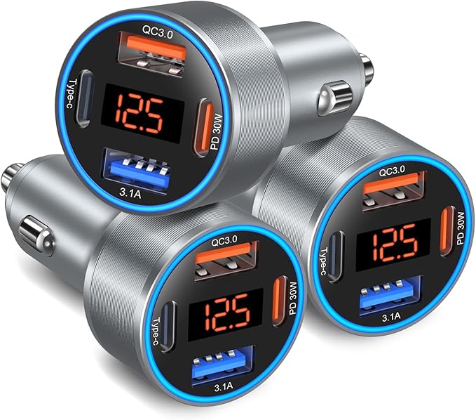 USB C Car Charger with Voltage Display, 3 Pack 65W Super Fast Charging Car by Bangfun