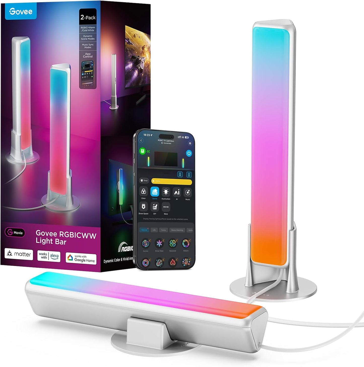 Govee Smart Light Bar, RGBICWW TV Lights for Living Room, Gaming, Silver | Compatible with SmartThings, Matter, Alexa, LED Light Bar with Scene and Music Modes for Living Room, Gaming, PC, App Control