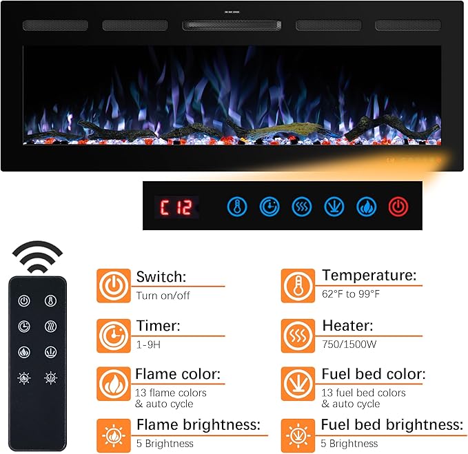 48" WiFi Electric Fireplace Inserts, Recessed and Wall Mounted Fireplace Heater - Image 3