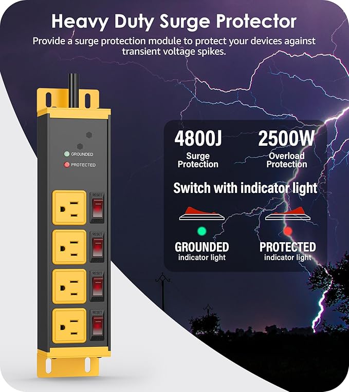 CCCEI 2PCS Heavy Duty Power Strip Surge Protector 20 AMP Individual Switches. - Image 2