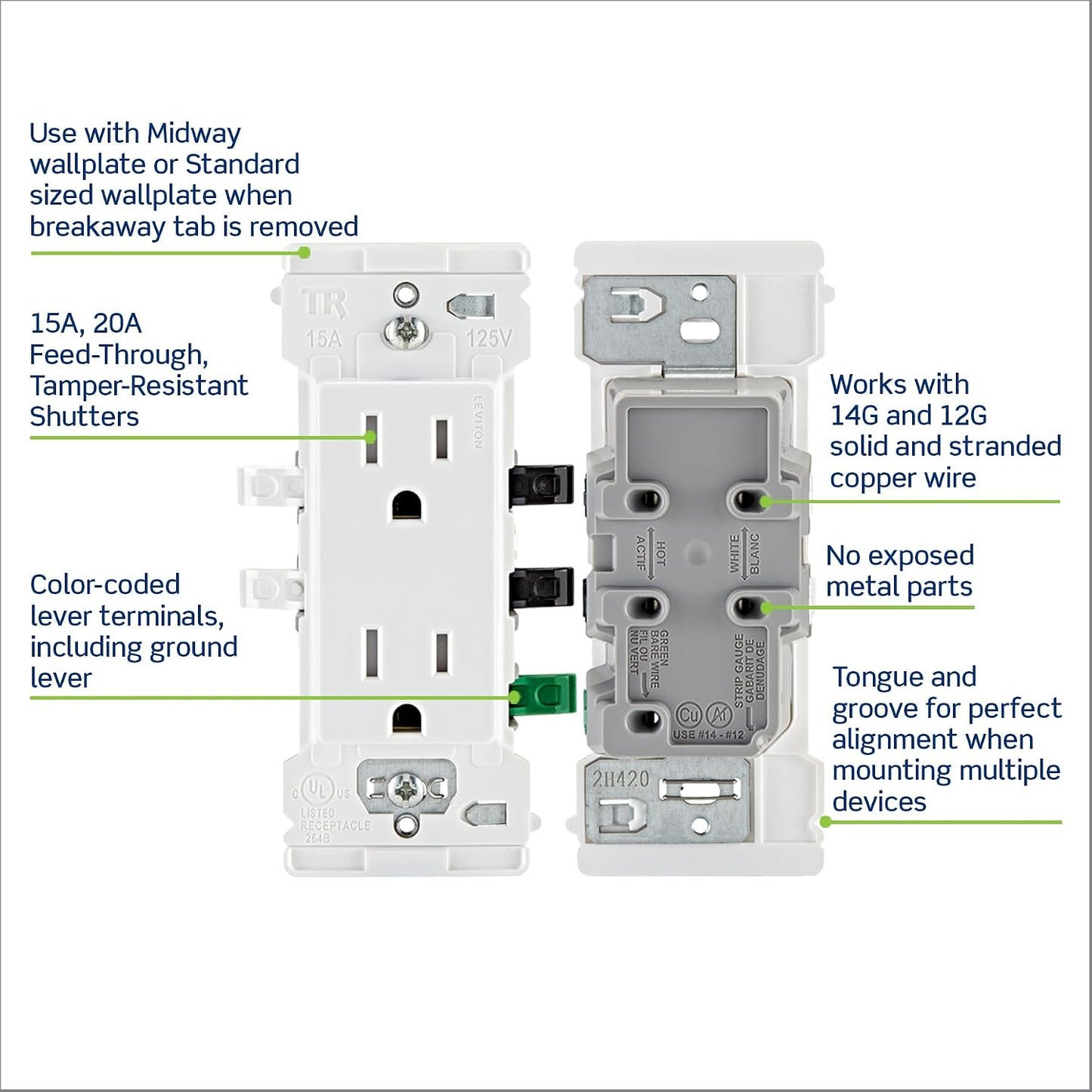 Leviton Lever Edge 15 Amp Tamper-Resistant Duplex Wall Outlet, 10-Pack, E5325-MW, White