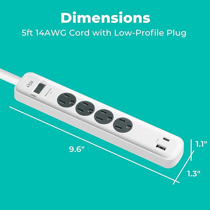 KMC 4-Outlet Surge Protector Power Strip, 1 USB-A & 1 USB-C Port, Power Strip - Image 3
