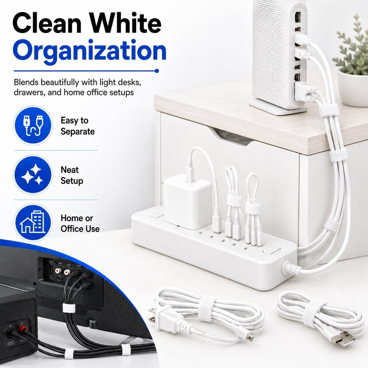 80pcs 8 Inch Cable Ties Reusable White Hook and Loop Cord Ties for Cable Management Adjustable Cord Organizer Straps for Electronics