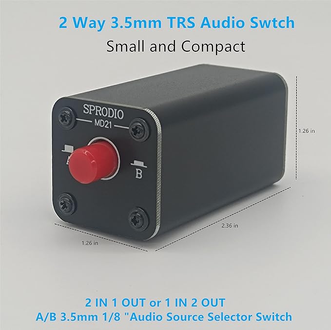 SPRODIO 2 Port Stereo 3.5mm Audio switcher selector Box Passive 1/8 TRS A/B - Image 6