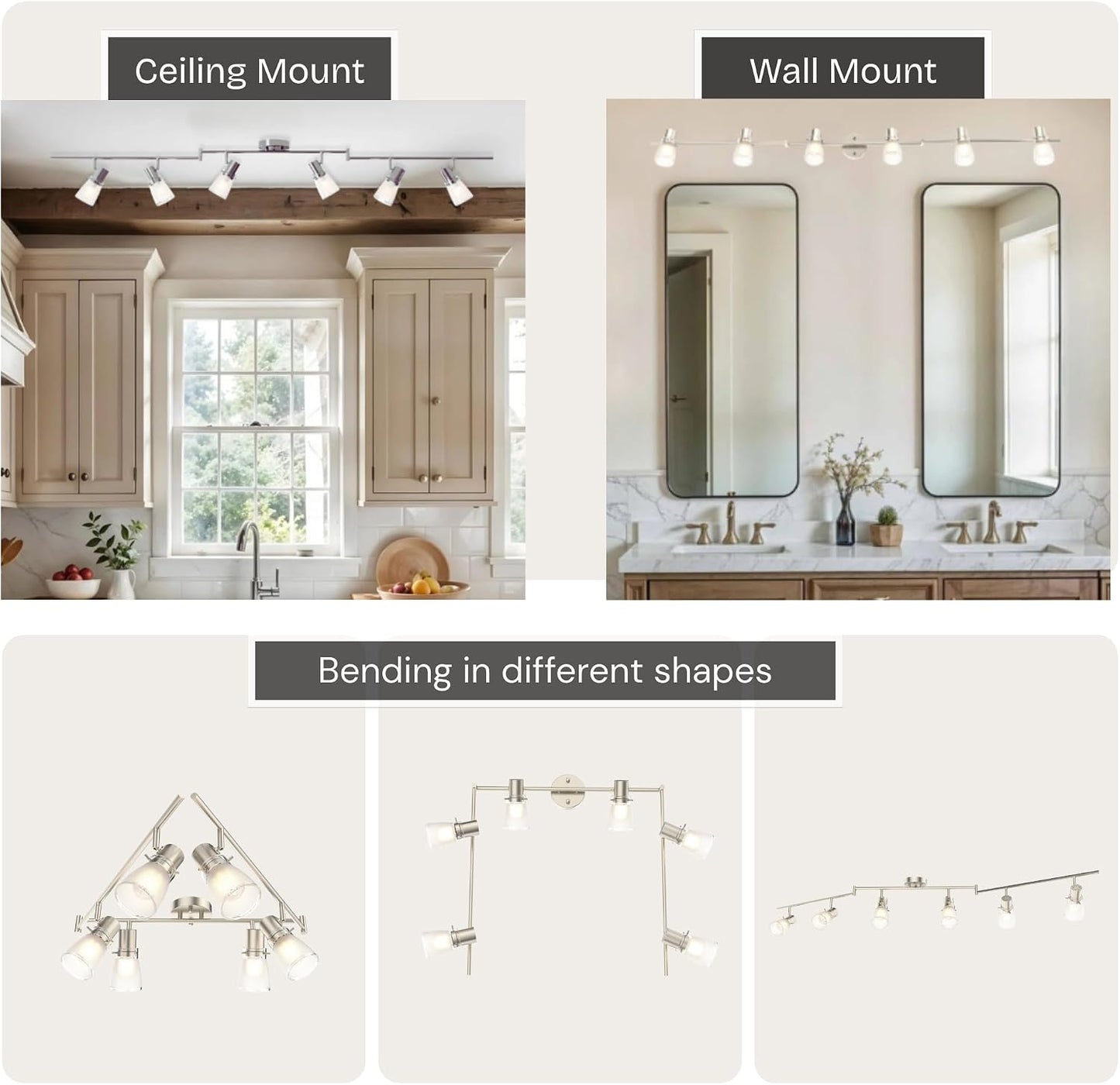 6-Light Decorative Track Lighting Kit, Brushed Steel Finish Flush Mount Ceiling Light Fixture with Frosted Glass Shades, Foldable Z-Bar, E26 Adjustable Heads Provide Directional Light