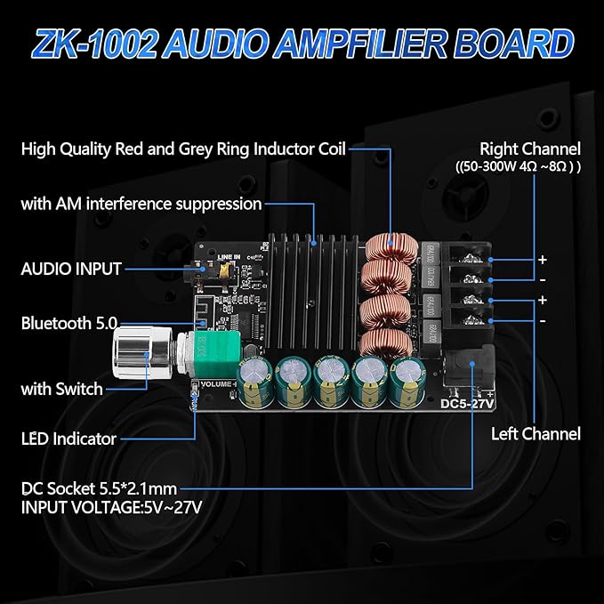 ZK-1002 Bluetooth 5.0 Audio Amplifier Board, 100W x 2 2.0 Channel Mini HiFi - Image 5