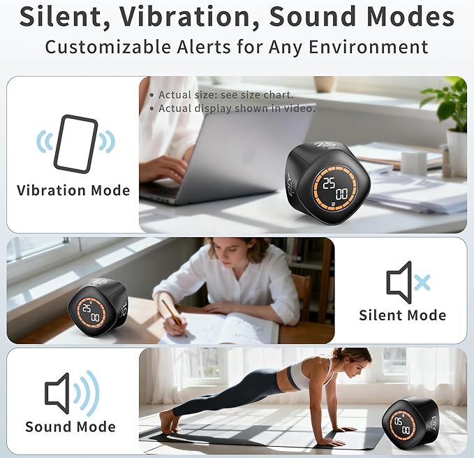 VEWINGL Cube Productivity Timer, 5/10/25/DIY Min Presets + Count-Up Mode - Image 4