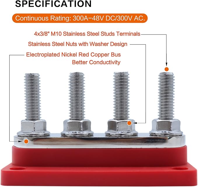 AMOMD 300A Bus Bars 4 Terminal Studs M10 Nickel Plated Copper Distribution - Image 2