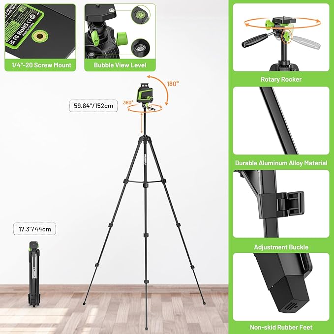Huepar 360° Laser Level with Tripod 60in, 82Ft - 165Ft Self Leveling Laser - Image 2