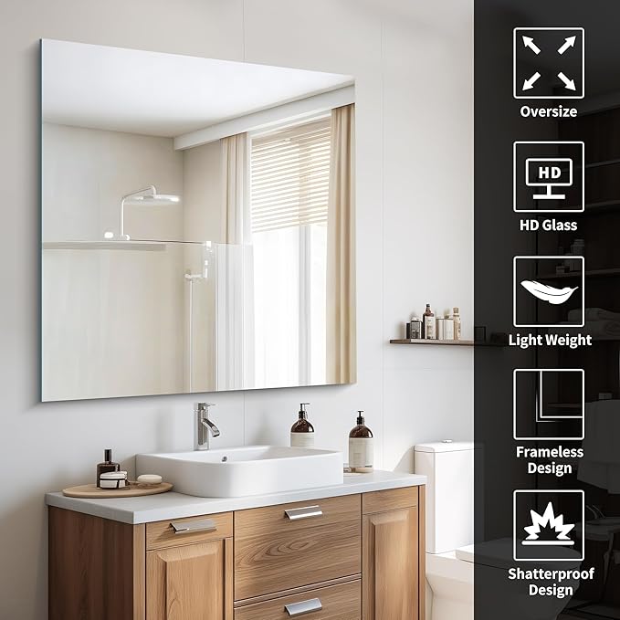 CILIBER Frameless Mirror, 42x42 inch Square Bathroom Mirrors - Image 6