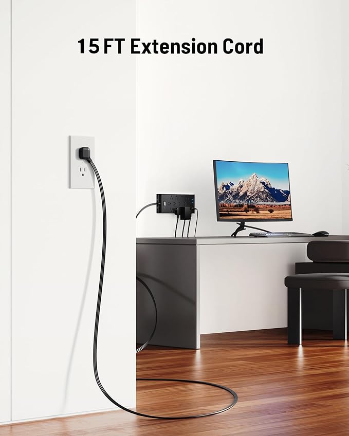 Surge Protector Power Strip 4800J, LeZone 15Ft Long Extension Cord Flat Plug - Image 5