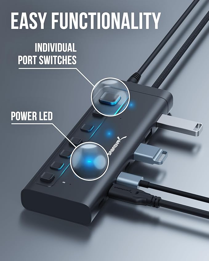 SABRENT 7-Port USB-C Hub with Power Switches, 5Gbps USB 3.2, 48W Powered Hub - Image 2