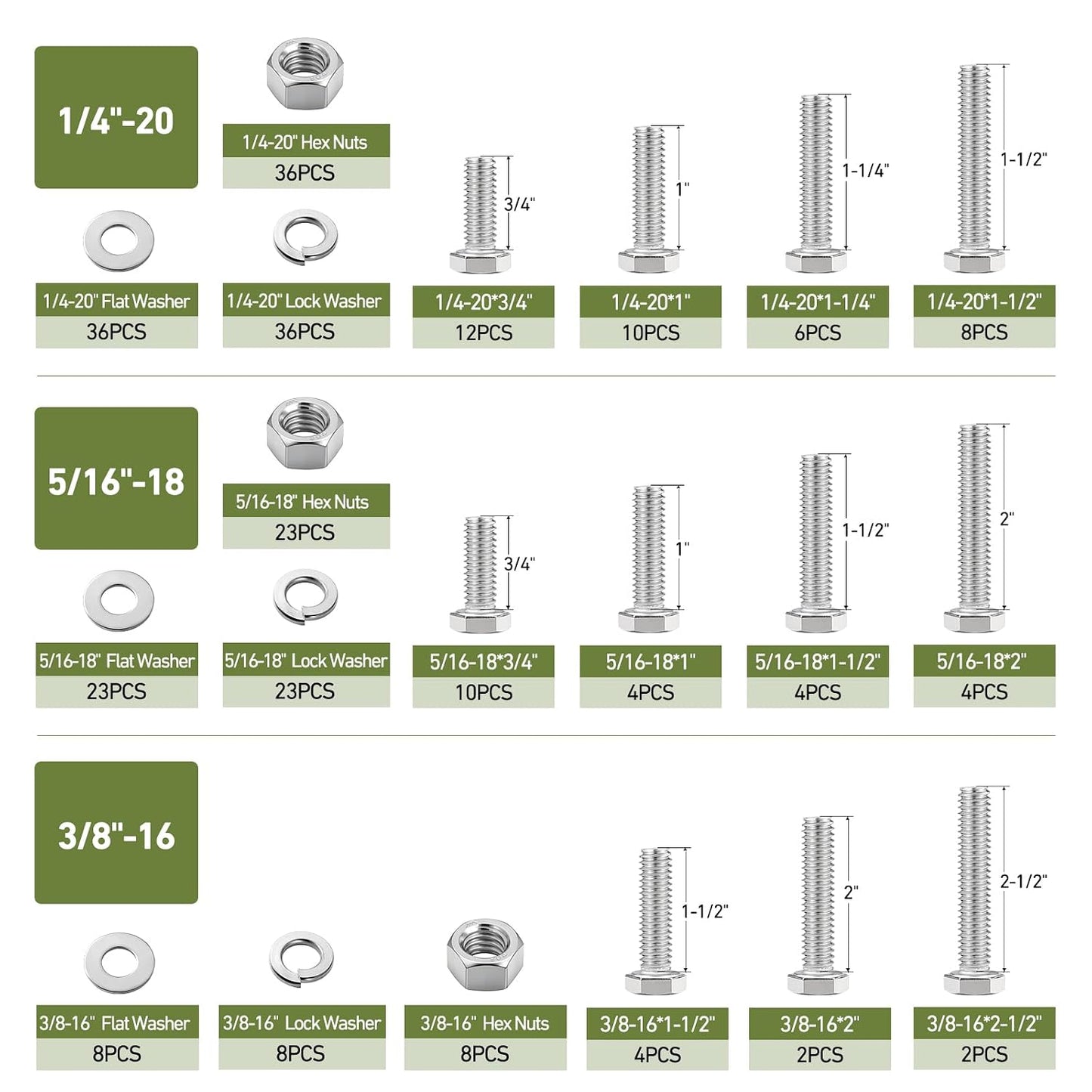 267PCS Hex Bolts and Nuts Assortment Kit,1/4-20, 5/16-18, 3/8-16 Bolt Nut and Flat Washers Assorted,304 Stainless Steel, Fully Threaded