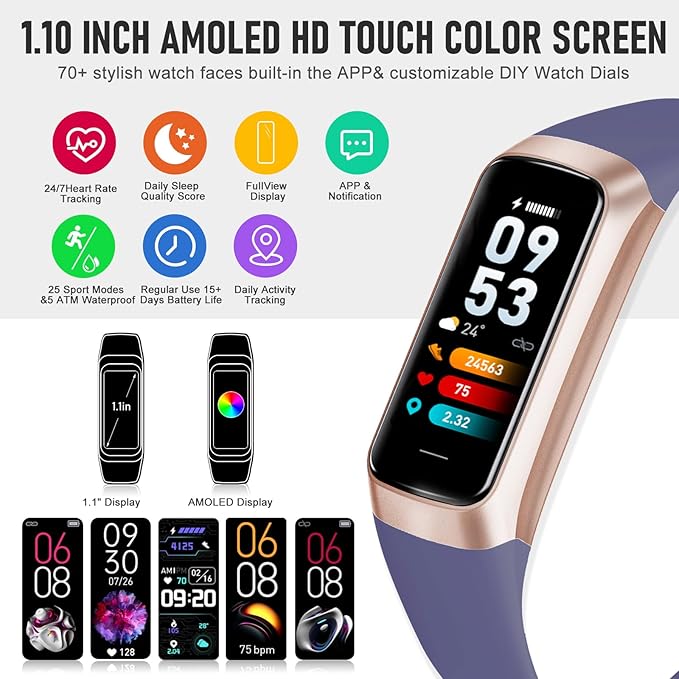 Fitness Tracker with 24/7 Heart Rate Blood Oxygen Sleep Monitor, 1.1" AMOLED - Image 2