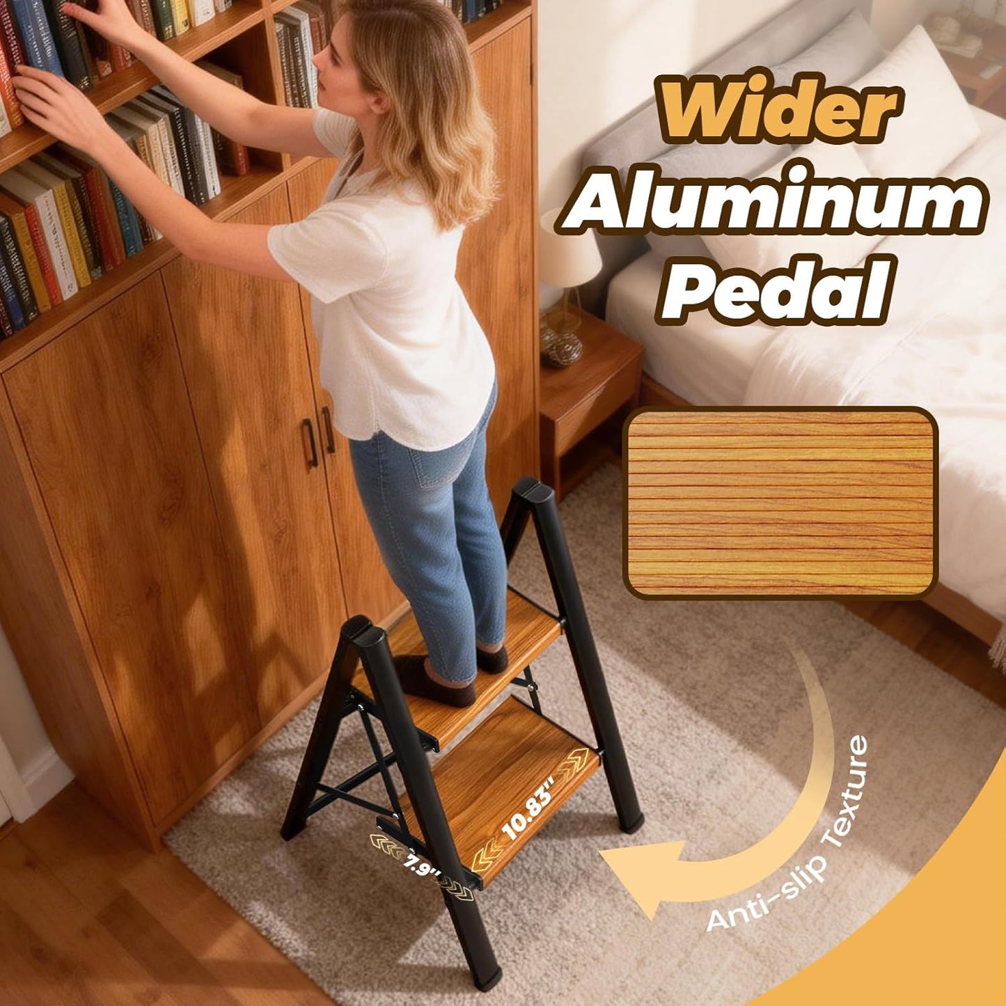 HBTower Step Ladder, Lightweight Aluminum Folding Step Stool | Anti-Slip Wide Pedal, 330lbs Capacity Step Ladder for Household Kitchen Office, BlackWoodgrain