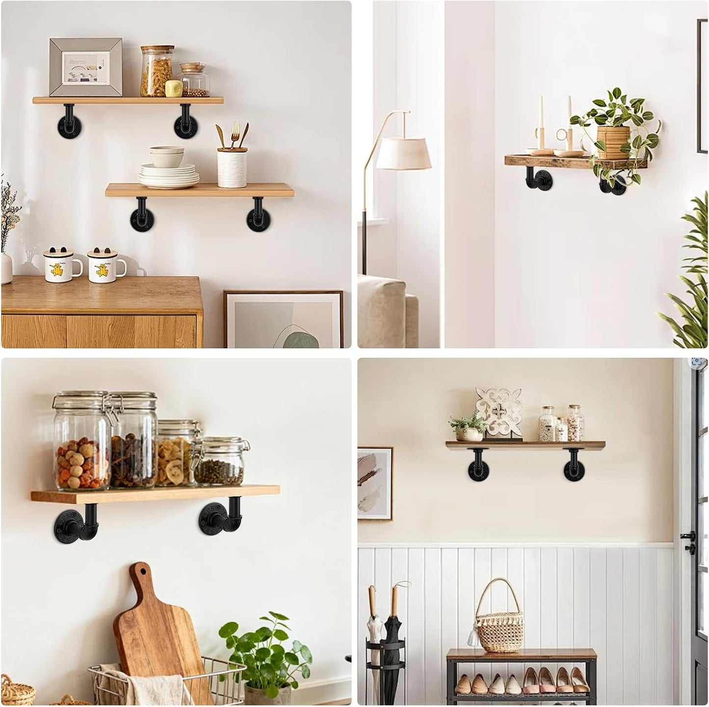 NearMoon Industrial Pipe Iron Shelf Brackets-Wall Mounted DIY Rustic Pipe Metal Brace Brackets, Vintage Farmhouse Décor Hardware Shelving Brackets for Floating Shelves, Black (4 Inch, 4)