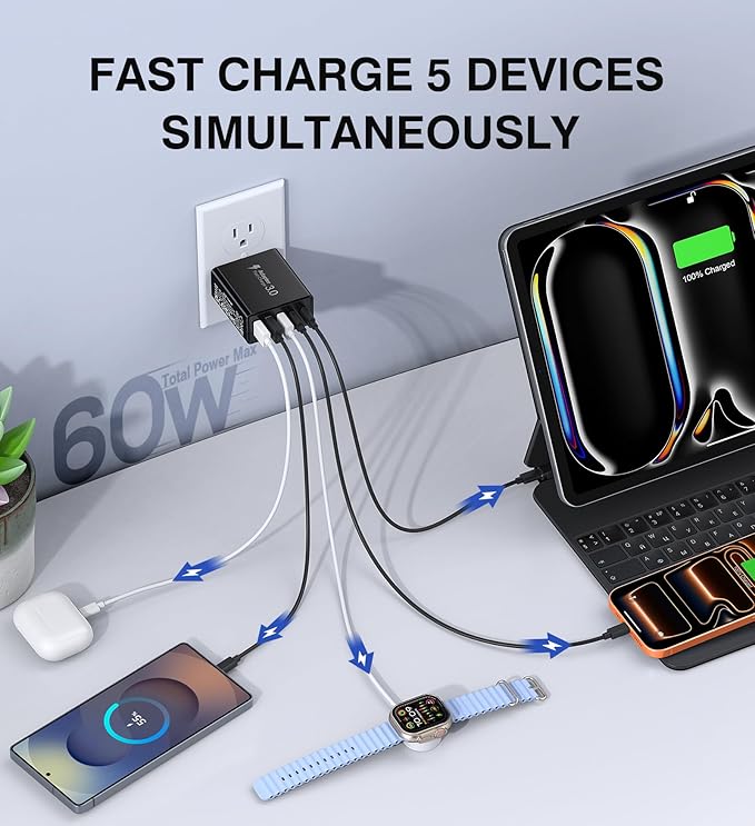 USB C Wall Charger, 60W USB C Charger Block 5-Port PD Fast Charging Blocks - Image 2