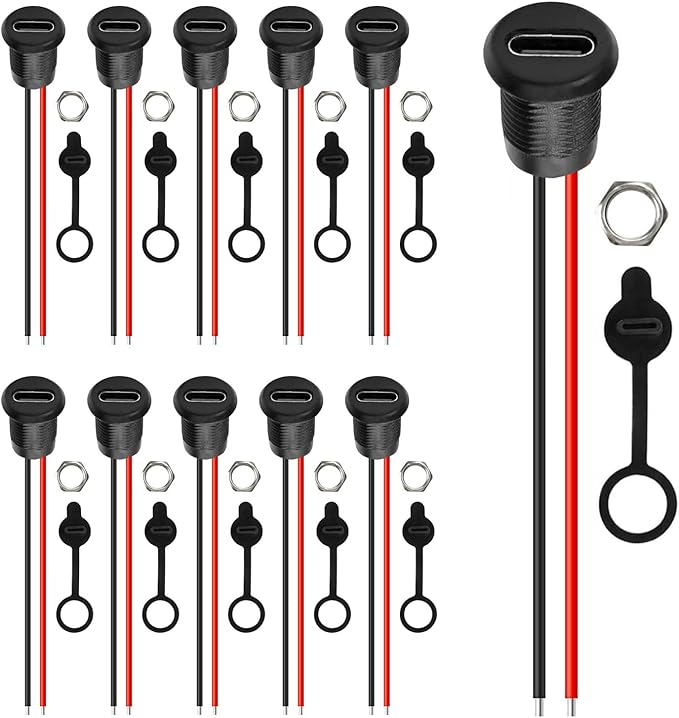Gebildet 10pcs Type-C Female Chassis 2 Pin Wire 24AWG Waterproof Jack by Gebildet