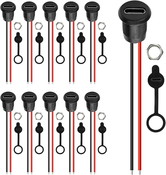 Gebildet 10pcs Type-C Female Chassis 2 Pin Wire 24AWG Waterproof Jack by Gebildet