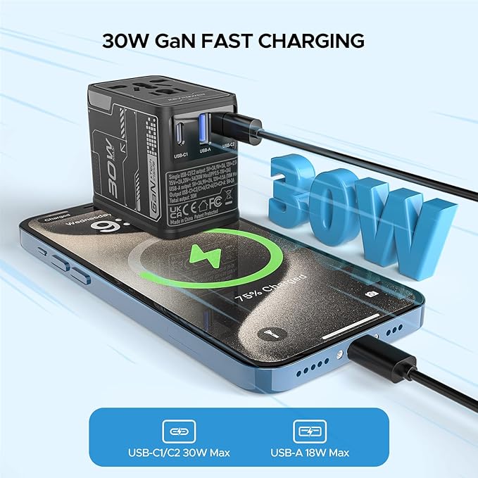 Universal Travel Adapter 30W GaN, KEY POWER All-in-One International Power - Image 4