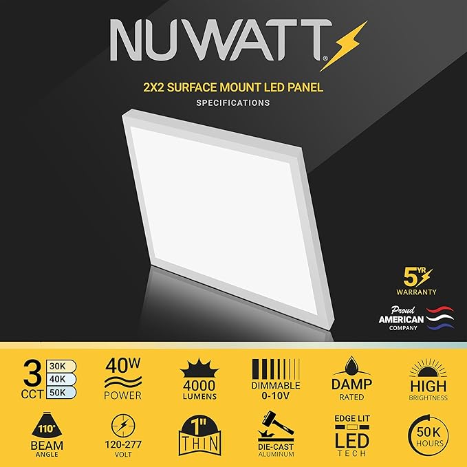 NUWATT 4 Pack, 2x2 LED Flat Panel Light, 3CCT 3000K/4000K/5000K Selectable - Image 2
