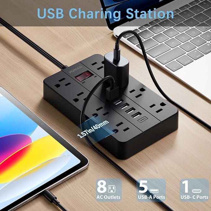 15 Ft Long Extension Cord Power Strip Surge Protector, HUNIAN Flat Plug - Image 2