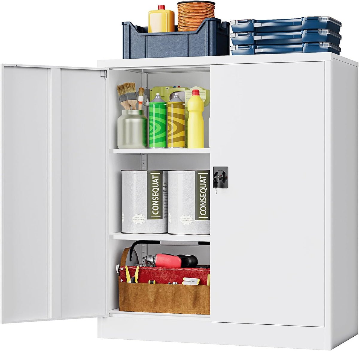 metal storage cabinet，garage storage cabinet with 2 lockable shown in use