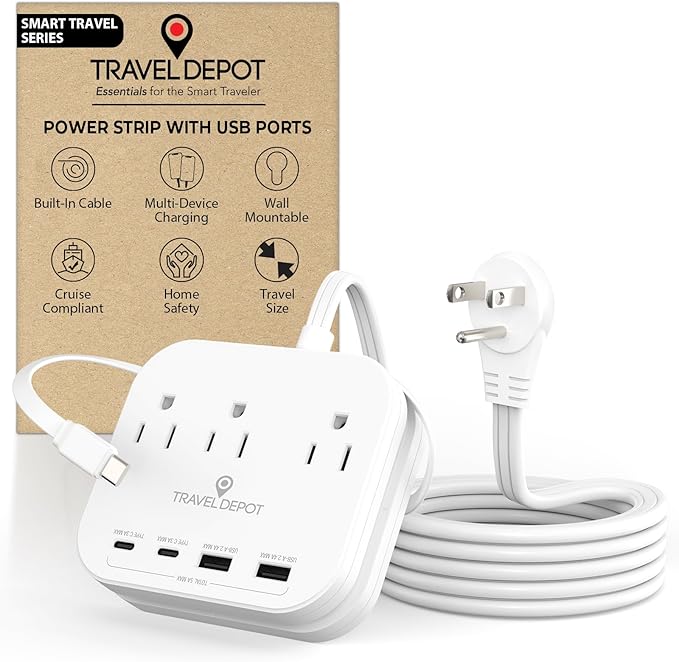 TRAVEL DEPOT Cruise Essentials Flat Plug Power Strip, Durable 5 ft Extension by TRAVELDEPOT