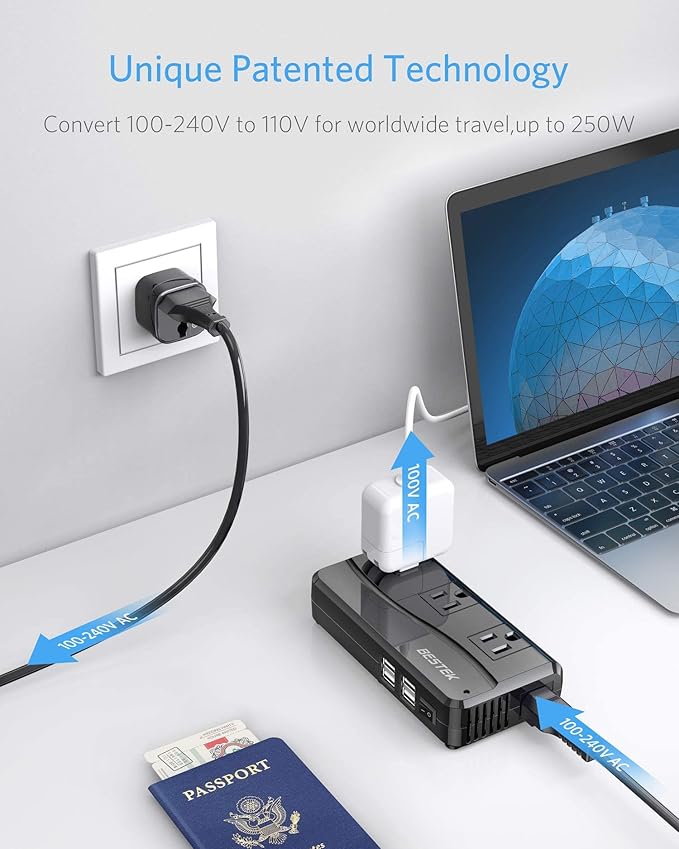 BESTEK 250W Power Converter 3-Outlet and 4-Port USB Travel Voltage Transformer - Image 3