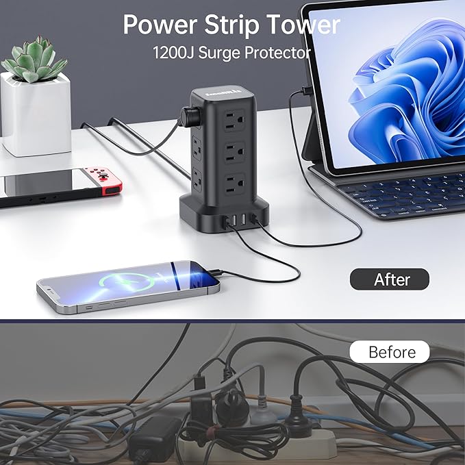15FT USB C Power Strip Surge Protector Tower, Mini Power Strip Tower Travel 12 - Image 3