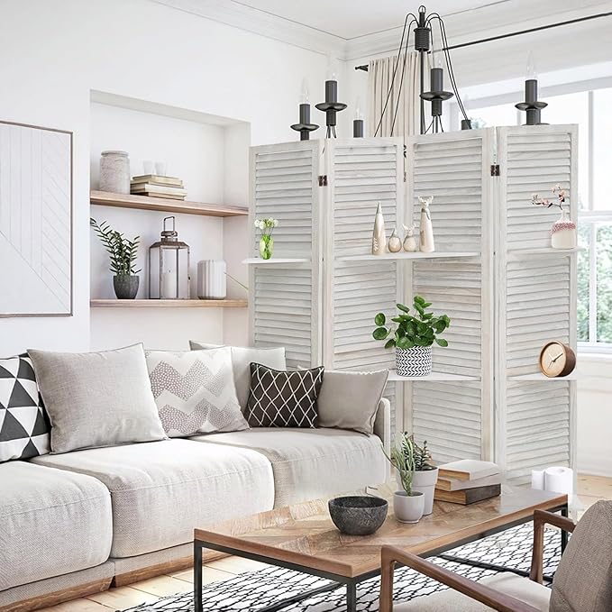 4 Panel Room Divider with Shelves, Room Dividers and Folding Privacy Screens - Image 2