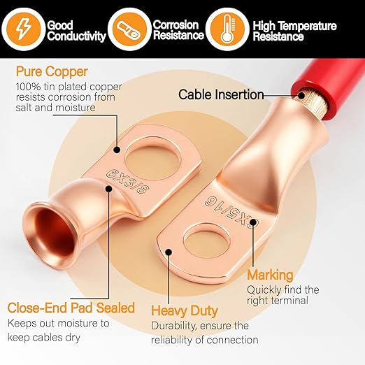 20PCS 6 AWG 5/16 3/8 inch Battery Cable Lugs, 6 Gauge Copper Crimp Connector - Image 4