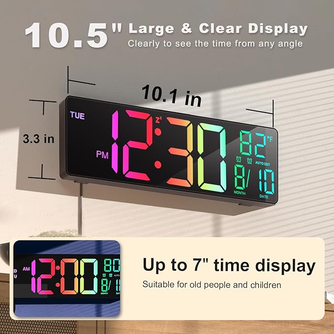 JALL 10.5'' Large Digital Wall Clock, Big LED Number Display, RGB Colors - Image 2