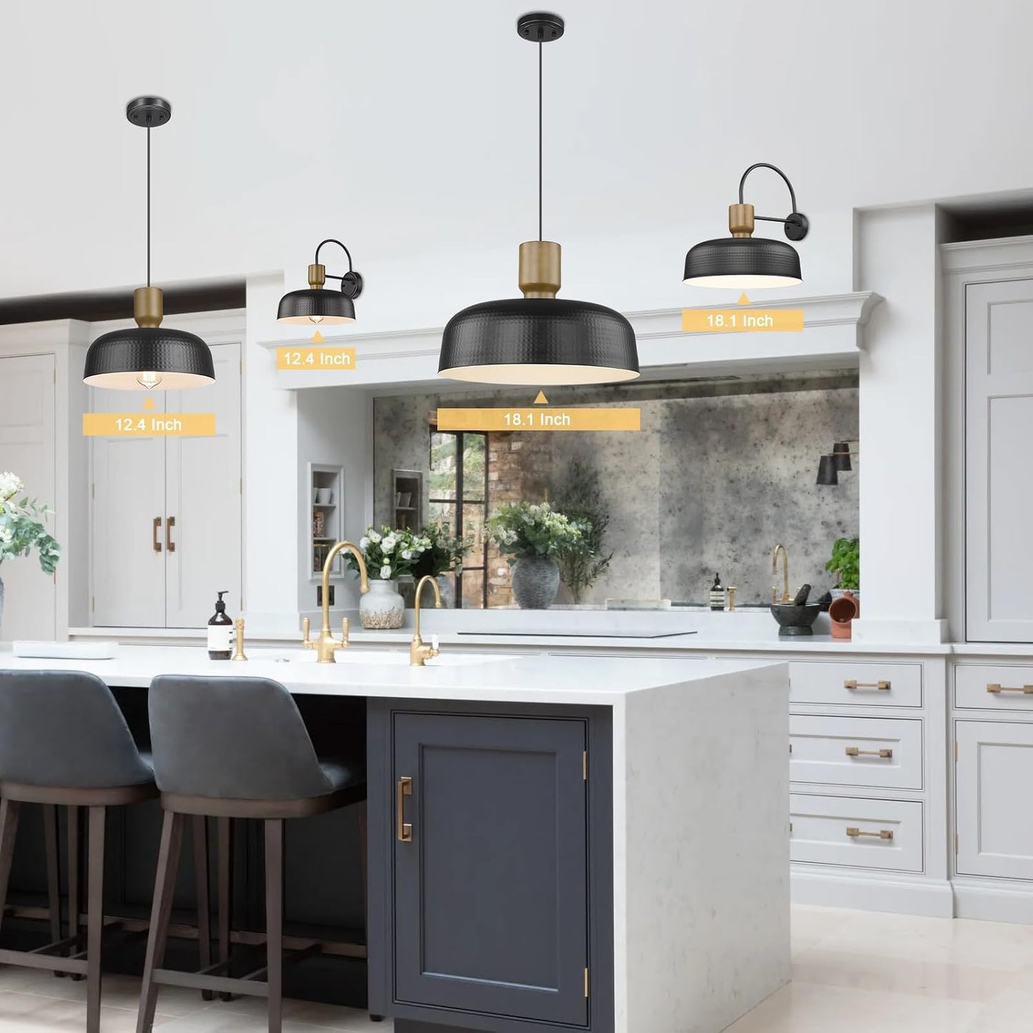 Farmhouse Pendant Lights, 2pcs Adjustable Hanging Light Fixtures with Hammered Metal Shade, 12.4 inch Pendant Lighting for Kitchen Island, Blue