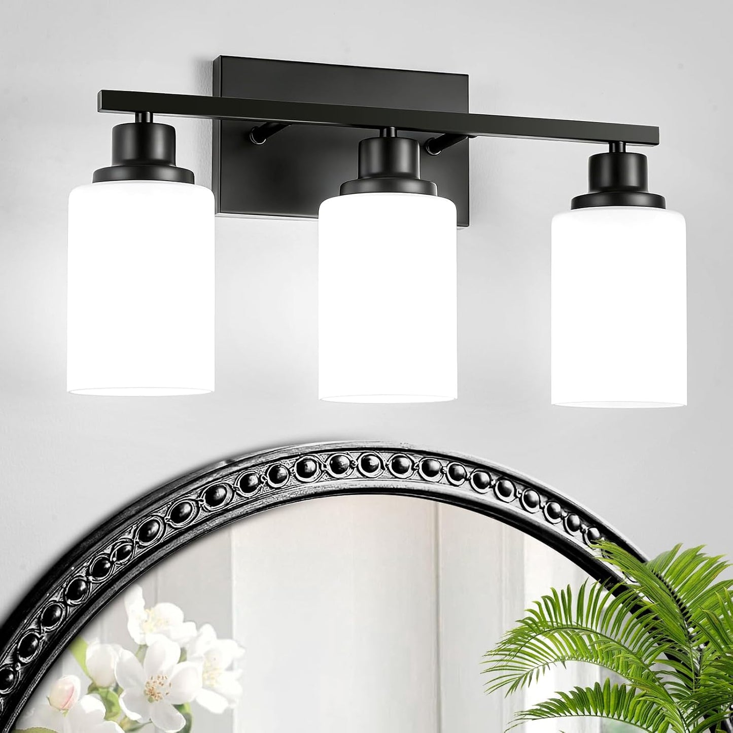 3-Light Black Bathroom Light Fixture Over Mirror,Modern Farmhouse Vanity Light,Wall Sconces with Milky White Glass Shade for Bathroom,Bedroom, Living Room,Staircase,Hallway E26