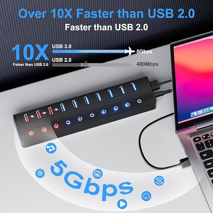 ONFINIO Powered USB Hub, 10-Port USB Splitter Hub - Image 3