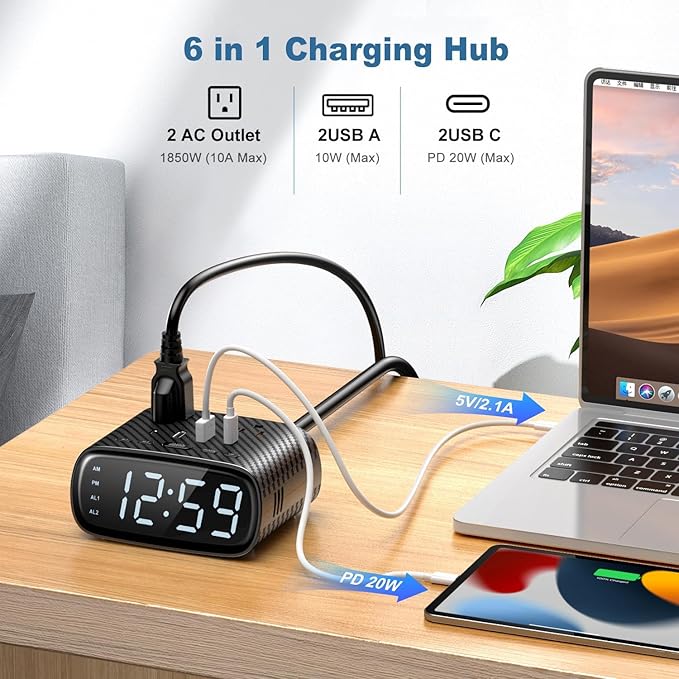 10PCS Alarm Clock with 2 USB-C, 2 USB-A Chargers Power Strip 2 Outlets - Image 3