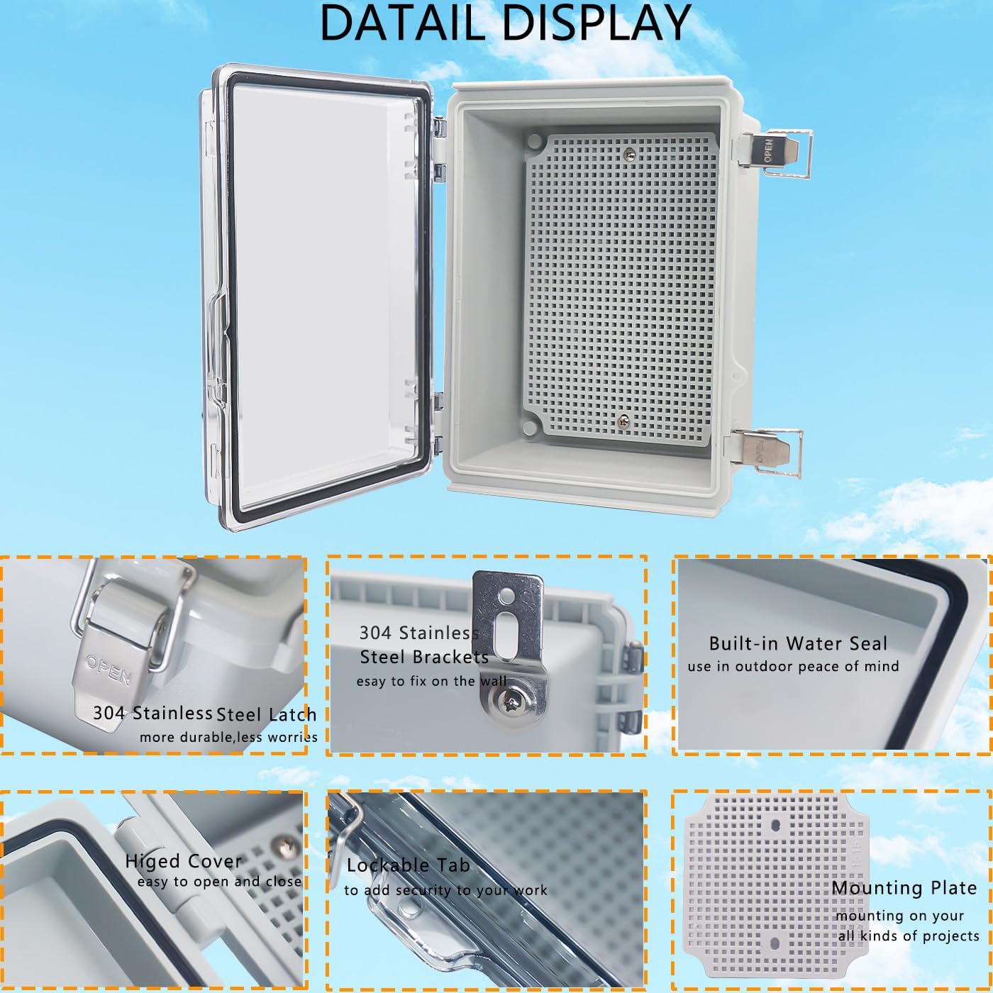 Waterproof Junction Box, ABS Plastic Electrical Box with Stainless Steel Latch, Hinged Cover Electric Project Enclosure Box with Mounting Plate, Wall Brackets & Cable Gland 8.7"x6.7"x4.3"