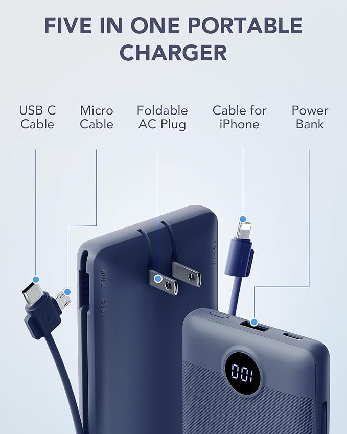 VRURC Portable Charger Built-in Cables and AC Wall Plug, USB C Power Bank - Image 2