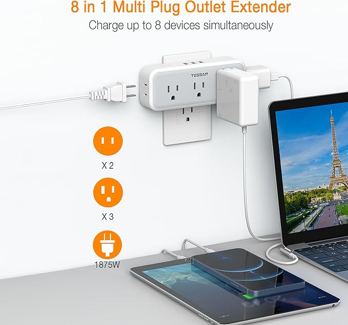 Multi Plug Outlet Splitter, TESSAN Wall Surge Protector 5 Outlet Extender 3 USB - Image 2