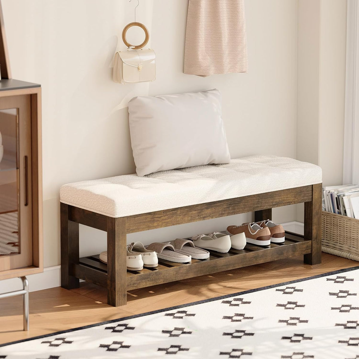 47.2" upholstered ottoman bench with wood storage shelf shown in use