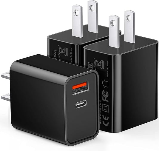 3 Pack Type C Charger, Dual Port USB C Wall Plug 20W PD & QC3.0 USB A Fast by CSODINCE