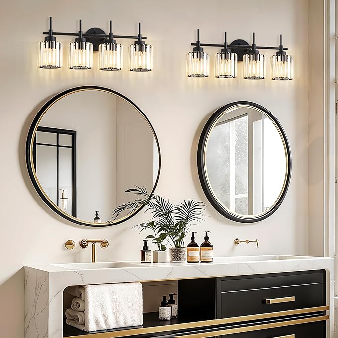 EJIAXIN 4 Light Round Crystal Vanity Lights, Modern Black Crystal Wall Light - Image 8